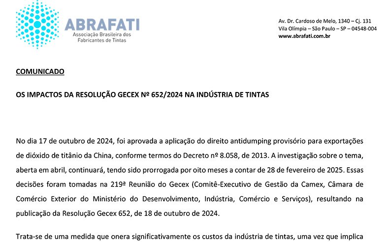 Comunicado: Os impactos da Resolução Gecex nº 652/2024 na indústria de tintas